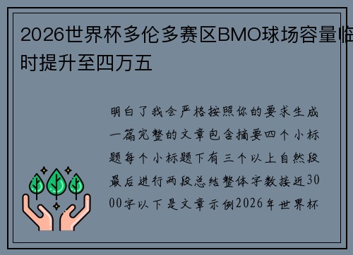 2026世界杯多伦多赛区BMO球场容量临时提升至四万五 2026世界杯多伦多赛区BMO球场容量临时提升至四万五